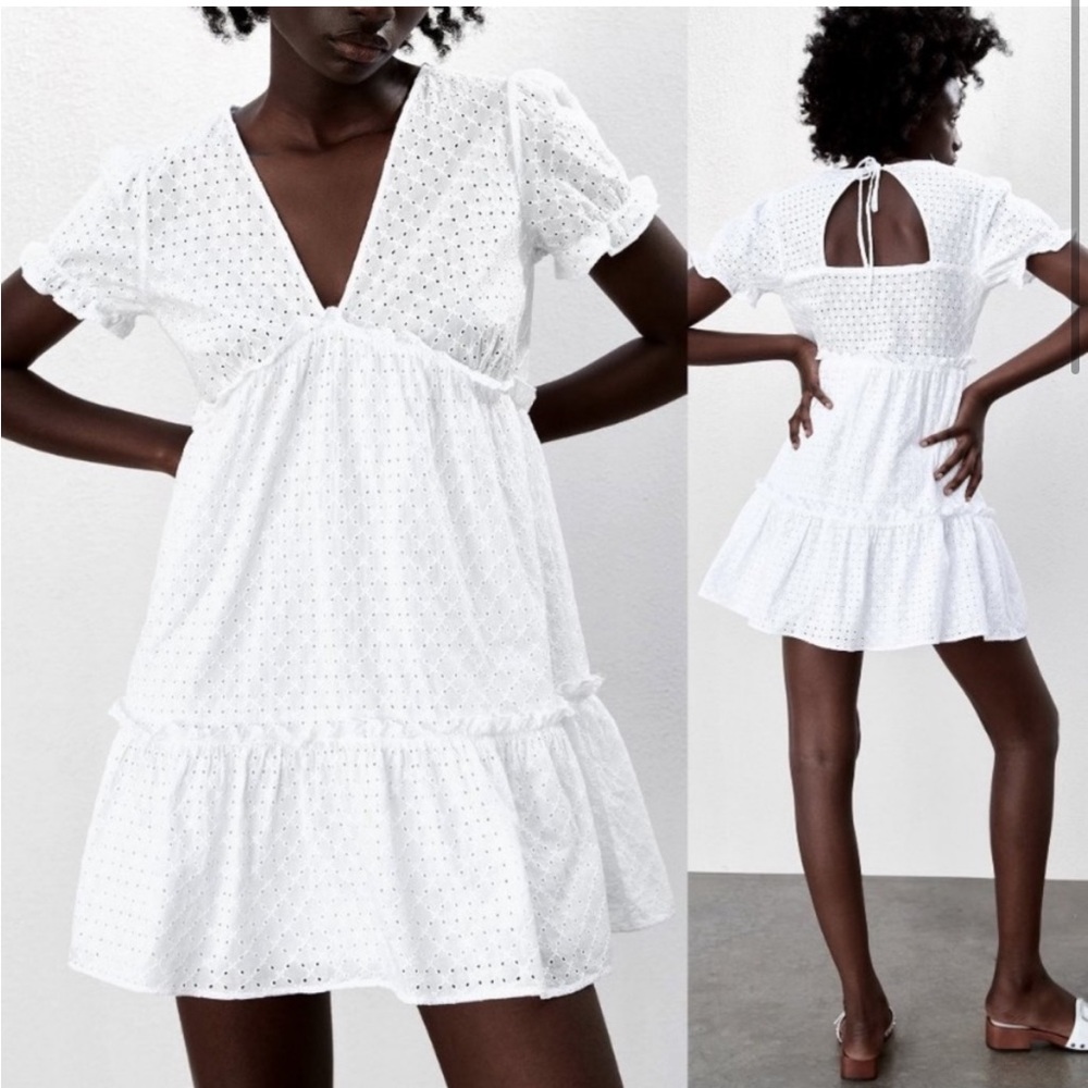 Zara White Eyelet Embroidered Dress Summer Size Large L - Picture 2 of 11